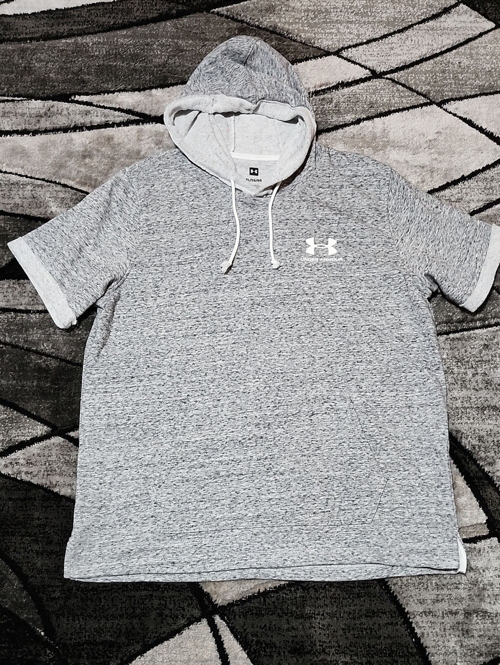 UNDER ARMOUR RIVAL TERRY GRAY HEATHERED CUFFED SHORT-SLEEVE HOODIE SHIRT